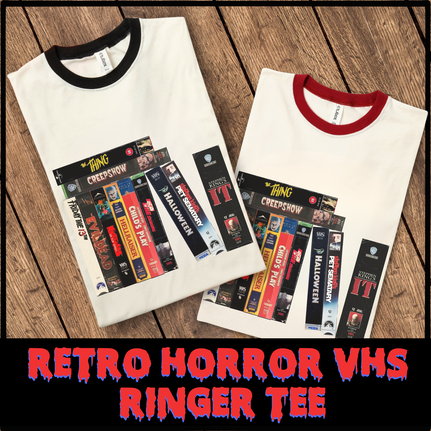 Retro Horror VHS Ringer Tee 80s horror tee gift for her horror fan ringer tee for him horror movie fan shirt