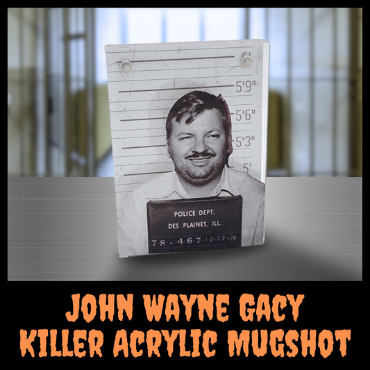 John Wayne Gacy Acrylic Mugshot Decor – True Crime Serial Killer Collectible, Dark Aesthetic Desk or Shelf Display for Horror & Crime Enthusiasts