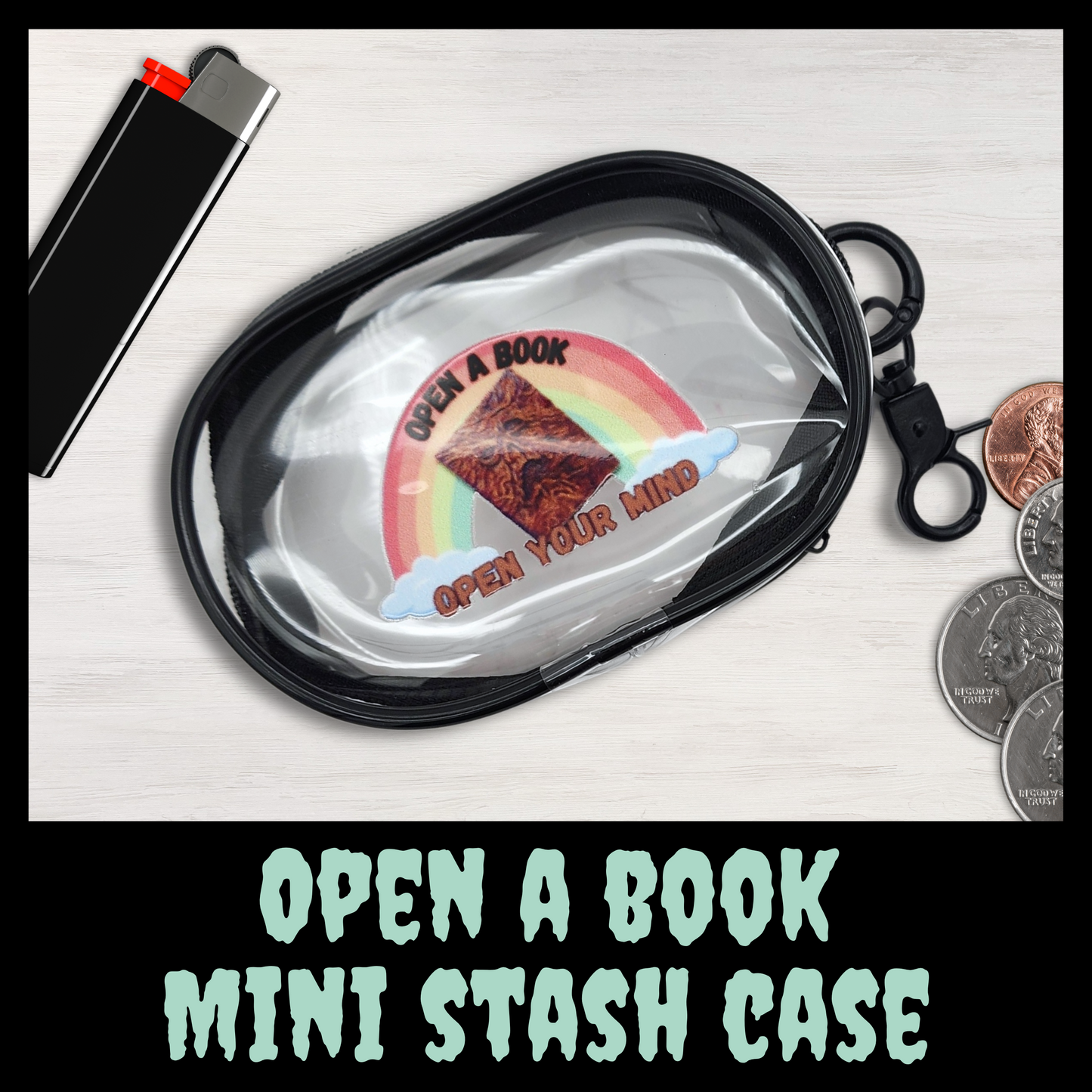 Open a Book Mini Stash Case – Clear Zip Pouch with Necronomicon Design, Compact Storage for Small Essentials, Earbuds, Coins & More