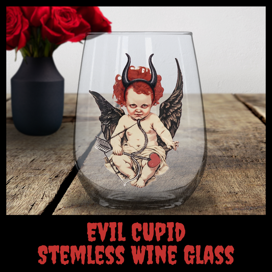 Evil Cupid Stemless Wine Glass – 17oz Libbey Glass with Dark Gothic Valentine Horror Design, Perfect for Spooky Drinkware Lovers