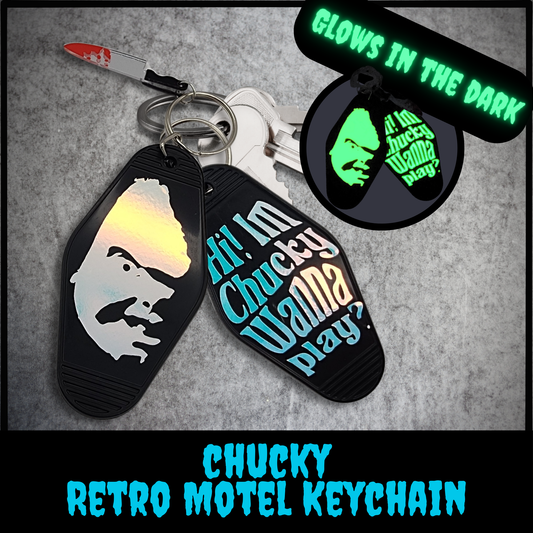 Chucky Glow-in-the-Dark Motel Keychain | Slasher Horror Retro Tag with Knife Charm | “Hi I’m Chucky, Wanna Play?” Double-Sided Design