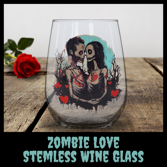 Zombie Love Stemless Wine Glass 17oz wine glass Spooky Gift for Couples zombie drinking glass set Halloween Weddings Housewarmings zombie valentine gift Gothic Home Decor punk zombie drinkware  Gothic drinkware