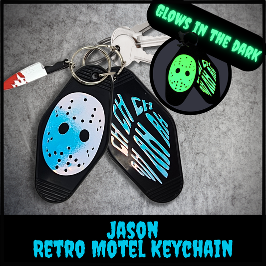 Jason Voorhees Glow-in-the-Dark Motel Keychain | Horror Quote Tag with Mask Design & Bloody Knife Charm | Halloween fan gift