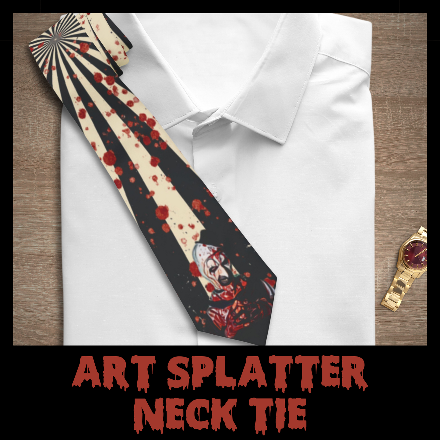 Art Splatter Neck Tie – Circus Spiral Blood Design | Creepy Slasher Costume or Spooky Office Wear | Art the Clown Tie | Horror Gift