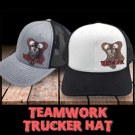 Teamwork Trucker hat horror snapback hat for her punk ballcap for him horror fan gift skeleton macabre trucker hat