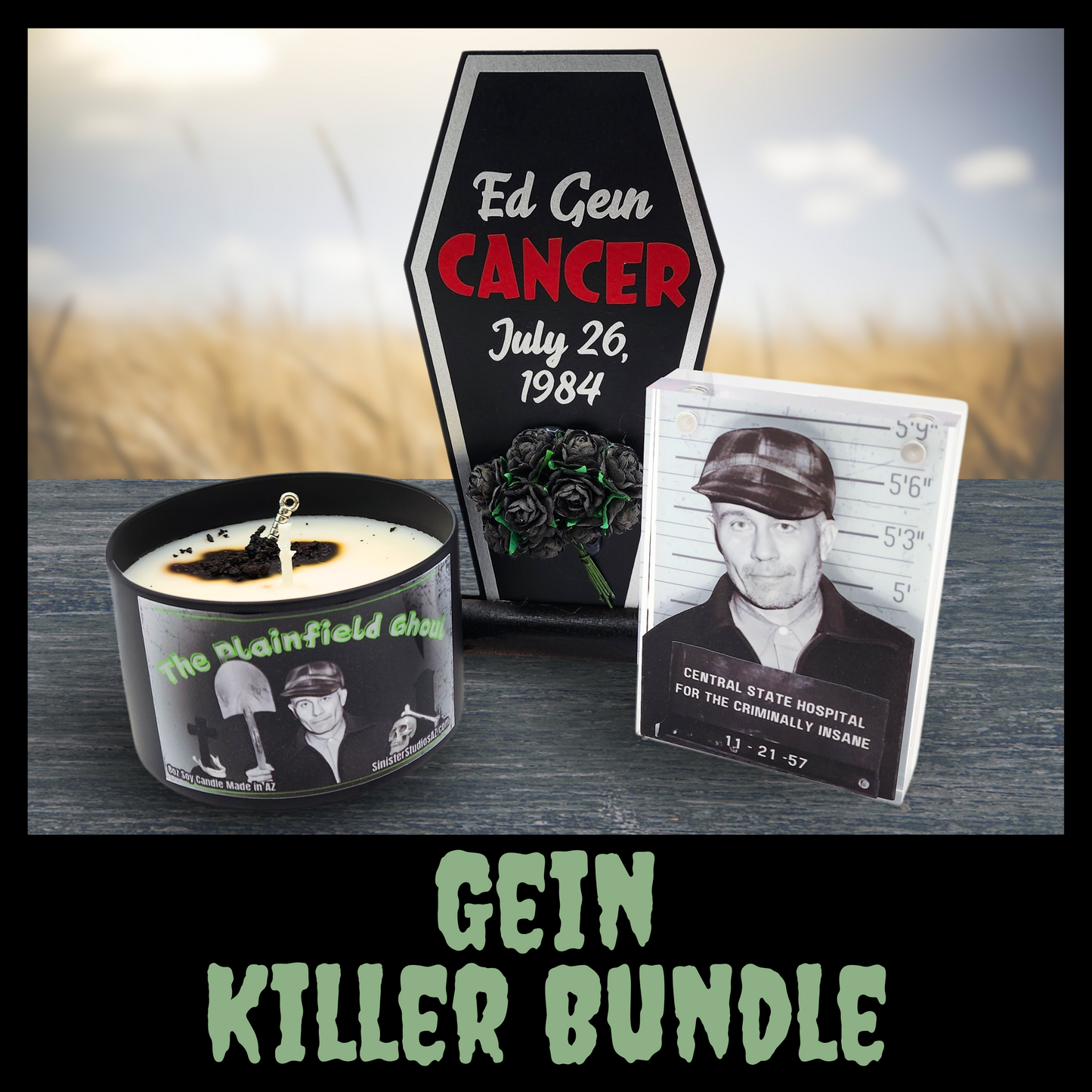 Gein Killer Bundle – Ed Gein-Themed Gift Set with Candle, Mugshot Plaque & Tombstone, True Crime Horror Collectible for Dark Aesthetic Fans