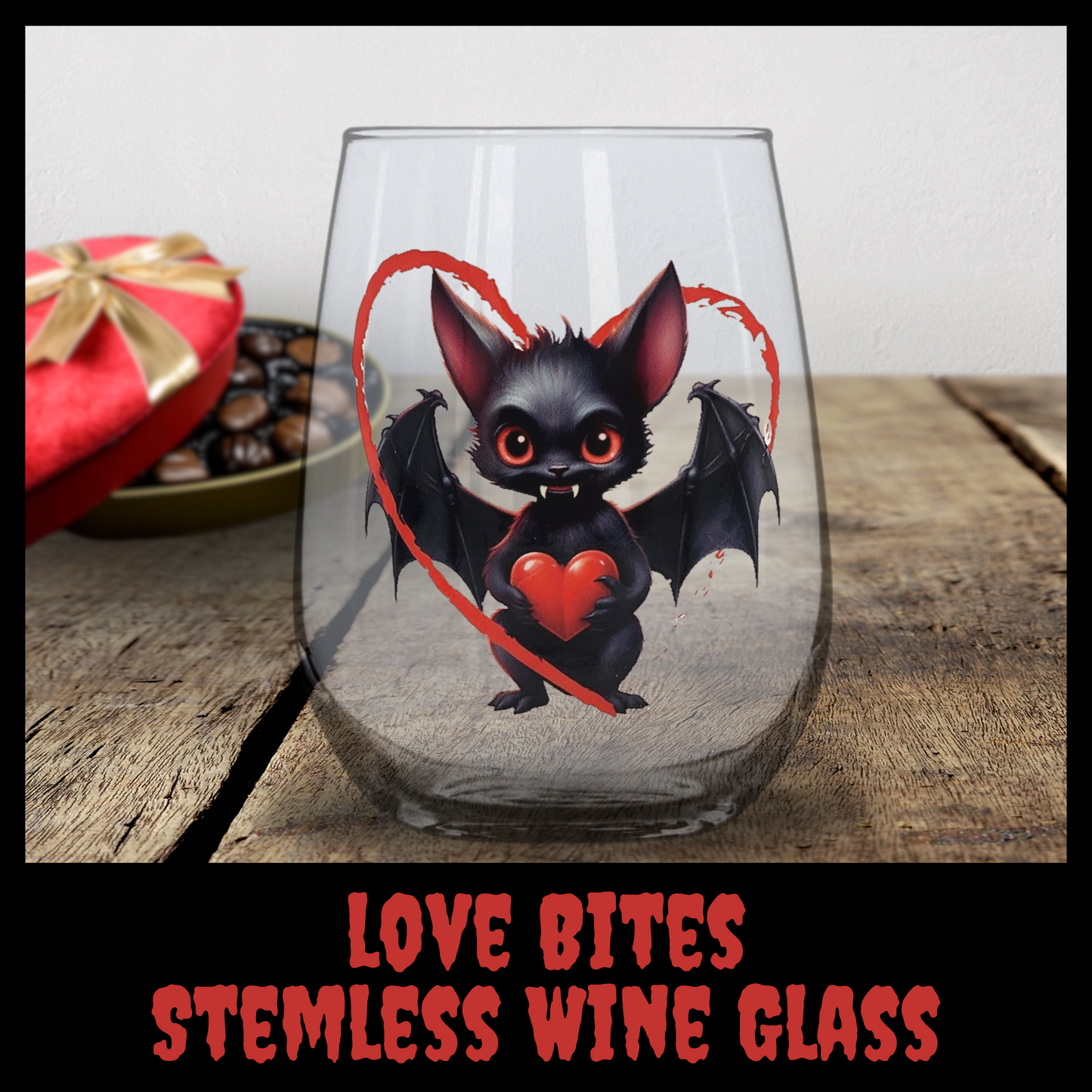 Love Bites Stemless Wine Glass 17oz wine glass Spooky Gift for Couples vampire bat drinking glass set Halloween Weddings Housewarmings gothic bat valentine gift Gothic Home Decor punk zombie drinkware Gothic drinkware