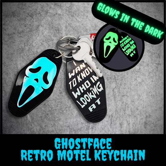 Ghostface Glow-in-the-Dark Motel Keychain | Scream Horror Inspired Retro Tag with Knife Charm | holographic horror keychain