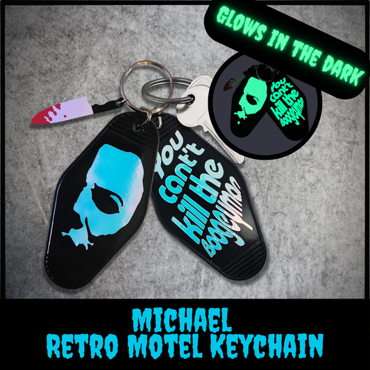 Michael Myers Glow-in-the-Dark Motel Keychain | “You Can’t Kill the Boogeyman” Retro Horror Tag with Knife Charm | Slasher Fan Gift