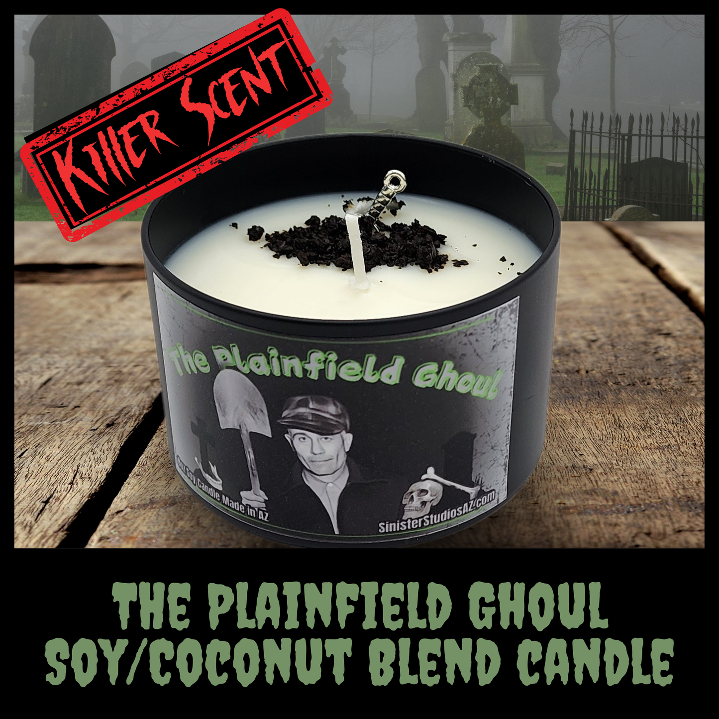 The Plainfield Ghoul soy coconut wax candle leather scented candle serial killer Ed Gein candle housewarming gift true crime home decor gift for her