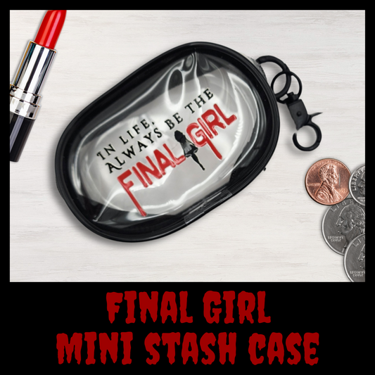 Final Girl Mini Stash Case – Clear Zip Pouch with Horror Final Girl Design, Compact Storage for Small Essentials, Earbuds, Coins & More