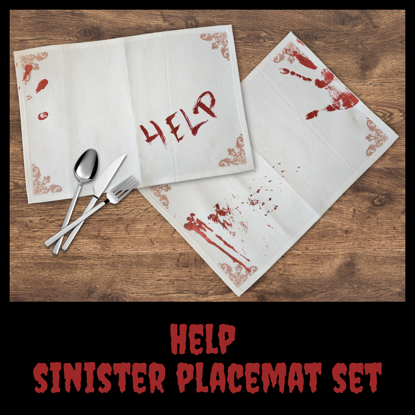 Help Sinister Placemat Set - Bloody Horror Placemat Linen Placemats with Fake Blood Design, Halloween Table Decor, Creepy Gothic Kitchen