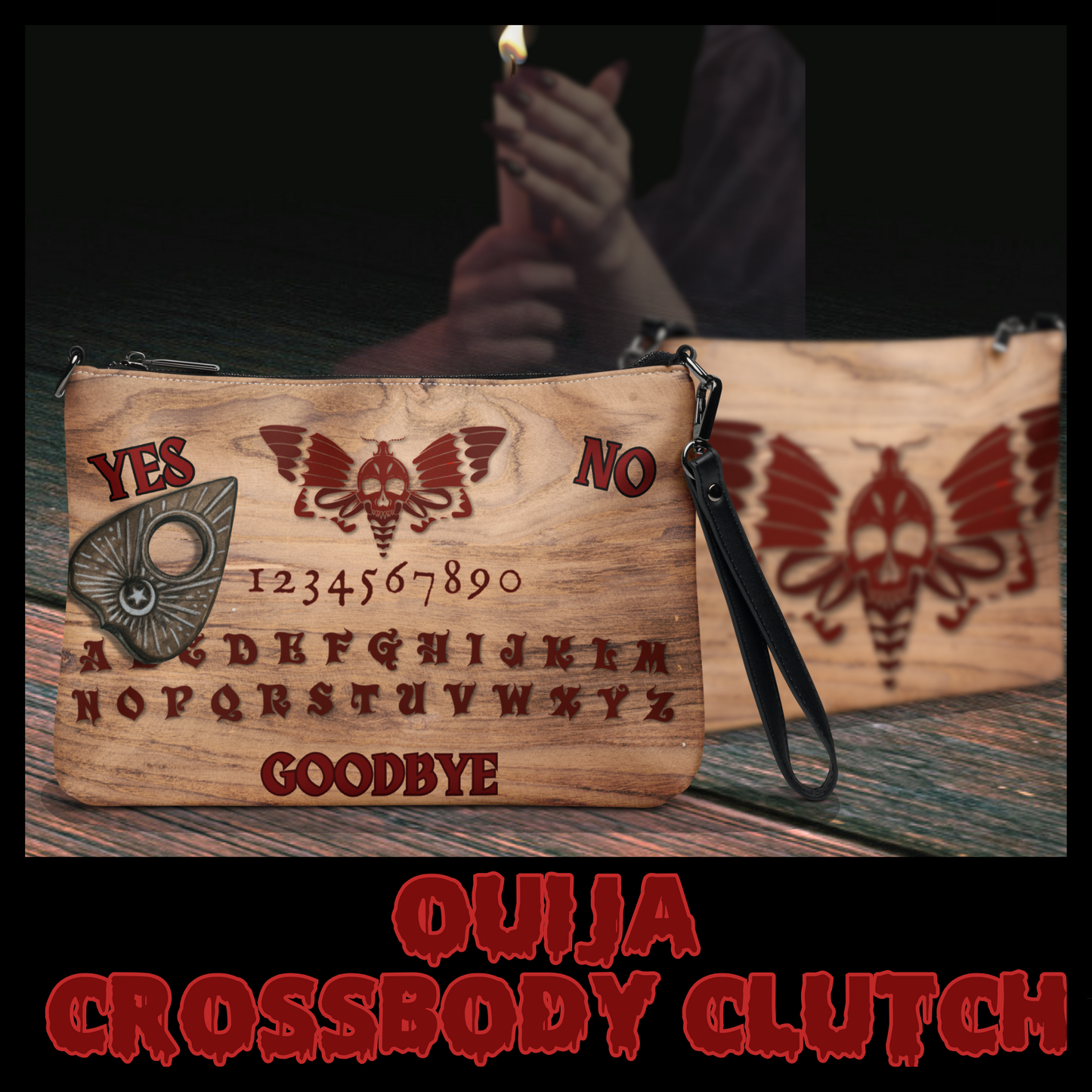 Ouija Board Crossbody Clutch Bag – Horror Moth Design, Faux Leather, Wristlet & Adjustable Strap – Gothic Occult Purse by Sinister Studios AZ
