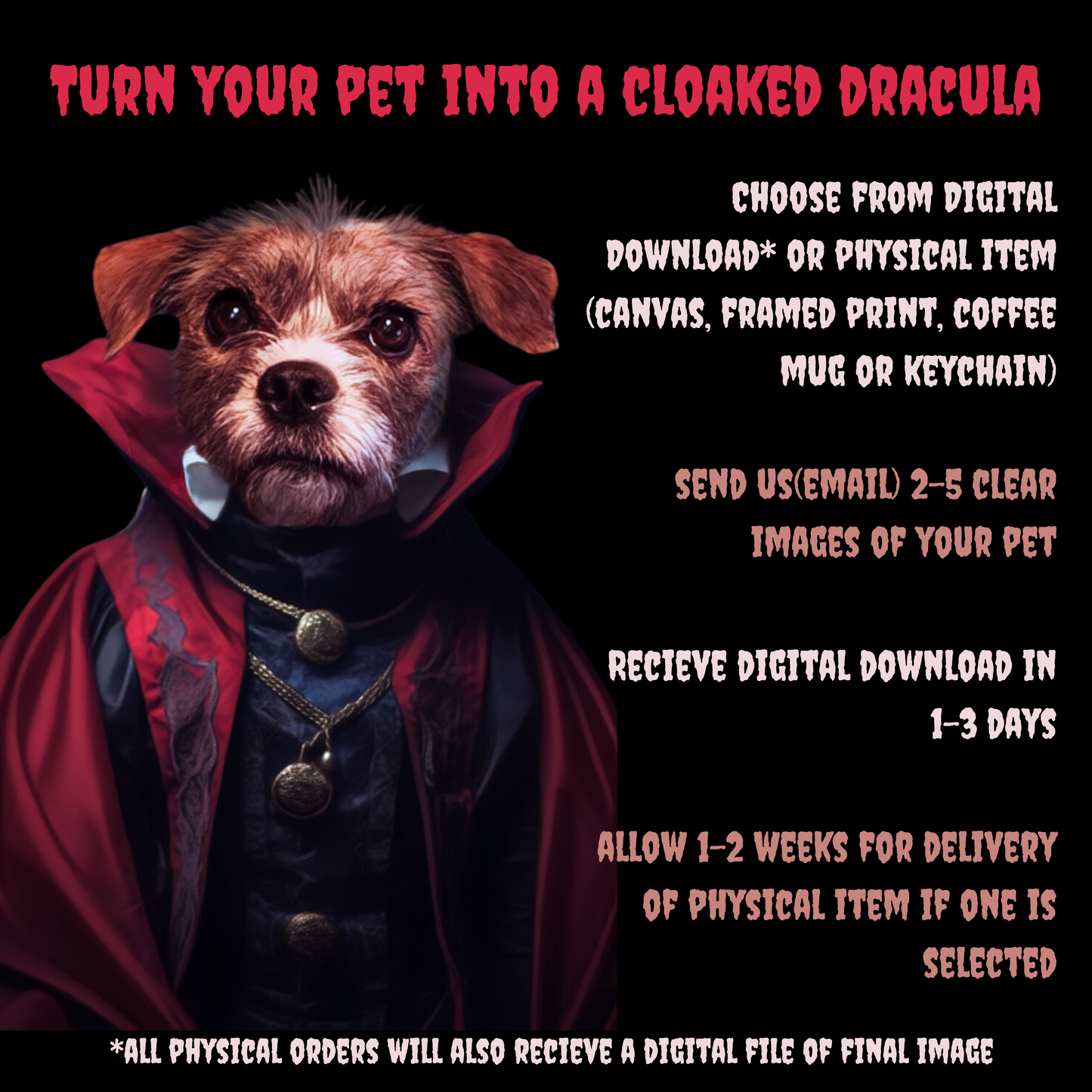 Dracula Custom Creepy Pet Portrait Personalized Horror Pet portrait digital download creepy vampire pet portrait gift for her