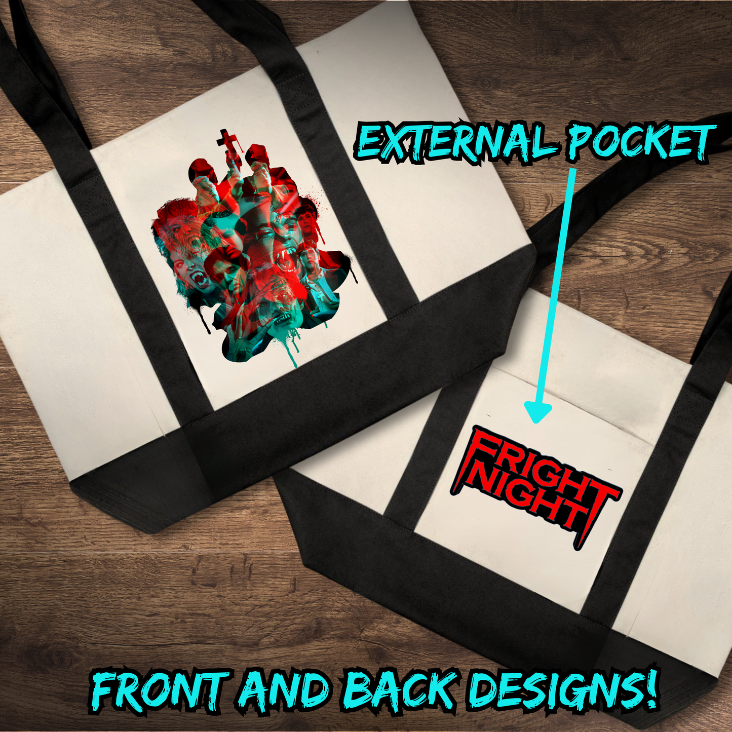 Welcome to Fright Night Canvas Tote Bag with Pocket – Horror Convention Carryall, Glitch Effect Design, Durable Zippered Tote