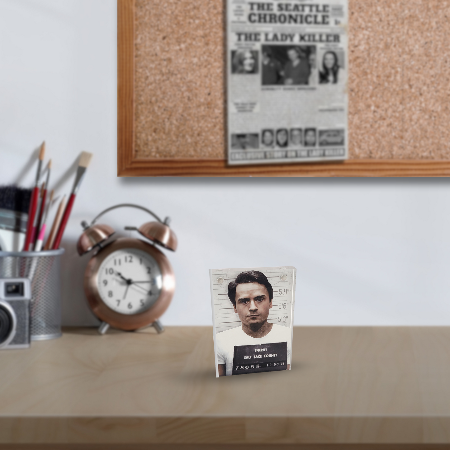 Ted Bundy Acrylic Mugshot Decor – True Crime Serial Killer Collectible, Dark Aesthetic Desk or Shelf Display for Horror & Crime Enthusiasts