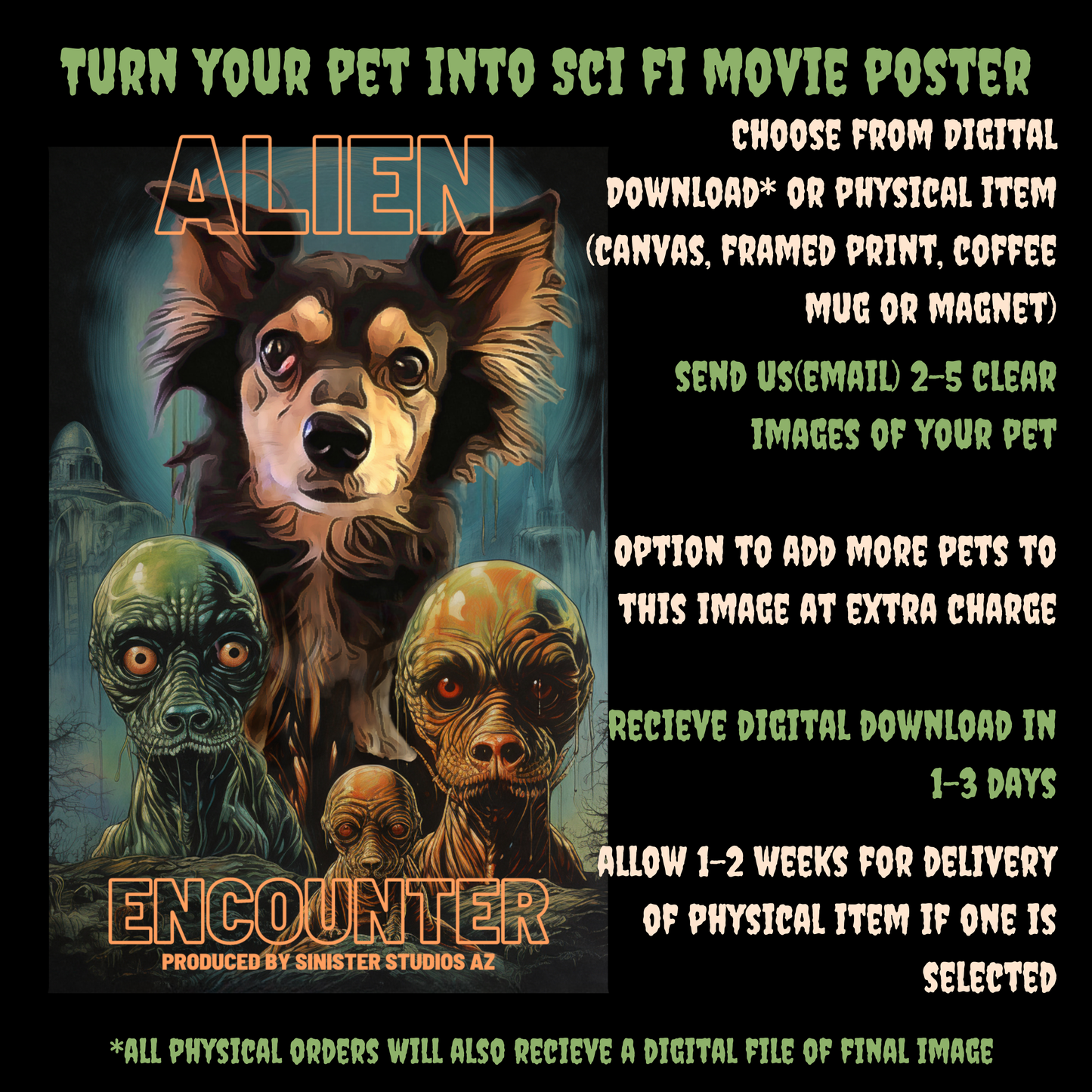 Alien Encounter Custom Creepy Pet Portrait Personalized Alien Pet portrait digital download sci-fi pet portrait gift for her