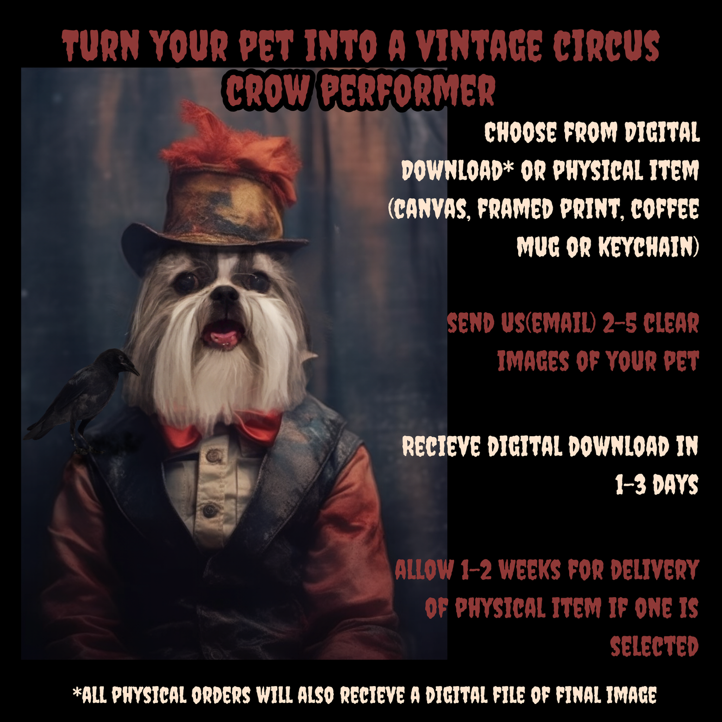 The Crow Performer Custom Creepy Pet Portrait Personalized Horror Pet portrait digital download creepy circus pet portrait gift for her