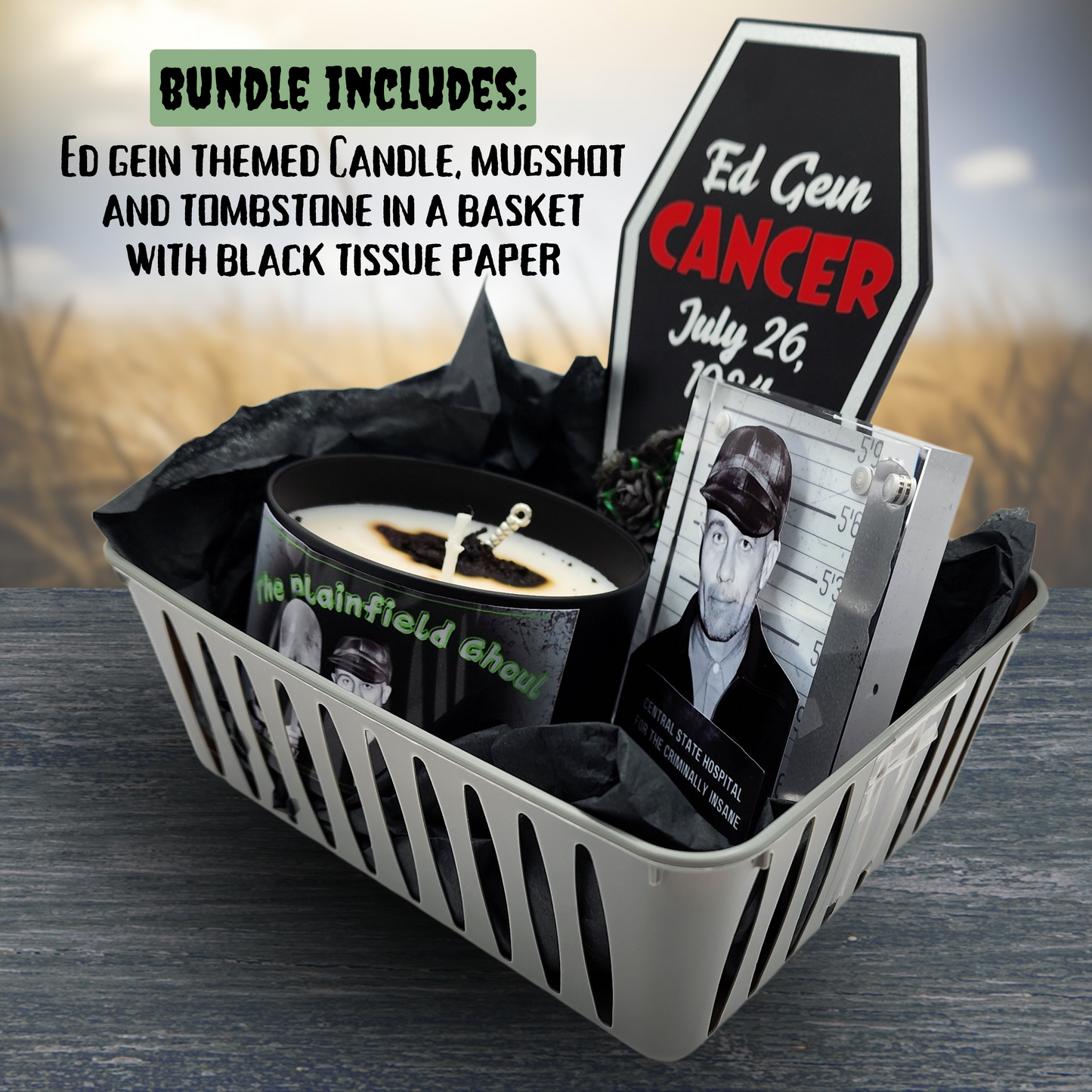 Gein Killer Bundle – Ed Gein-Themed Gift Set with Candle, Mugshot Plaque & Tombstone, True Crime Horror Collectible for Dark Aesthetic Fans
