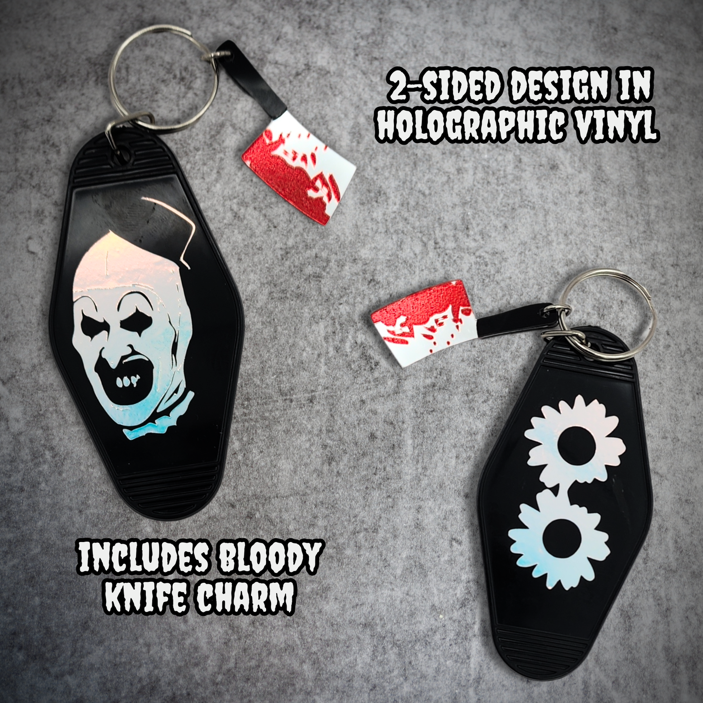 Sunflower Art Retro Motel Keychain Glow in the Dark Terrifier with Bloody Knife Charm creepy clown Horror Halloween Gift