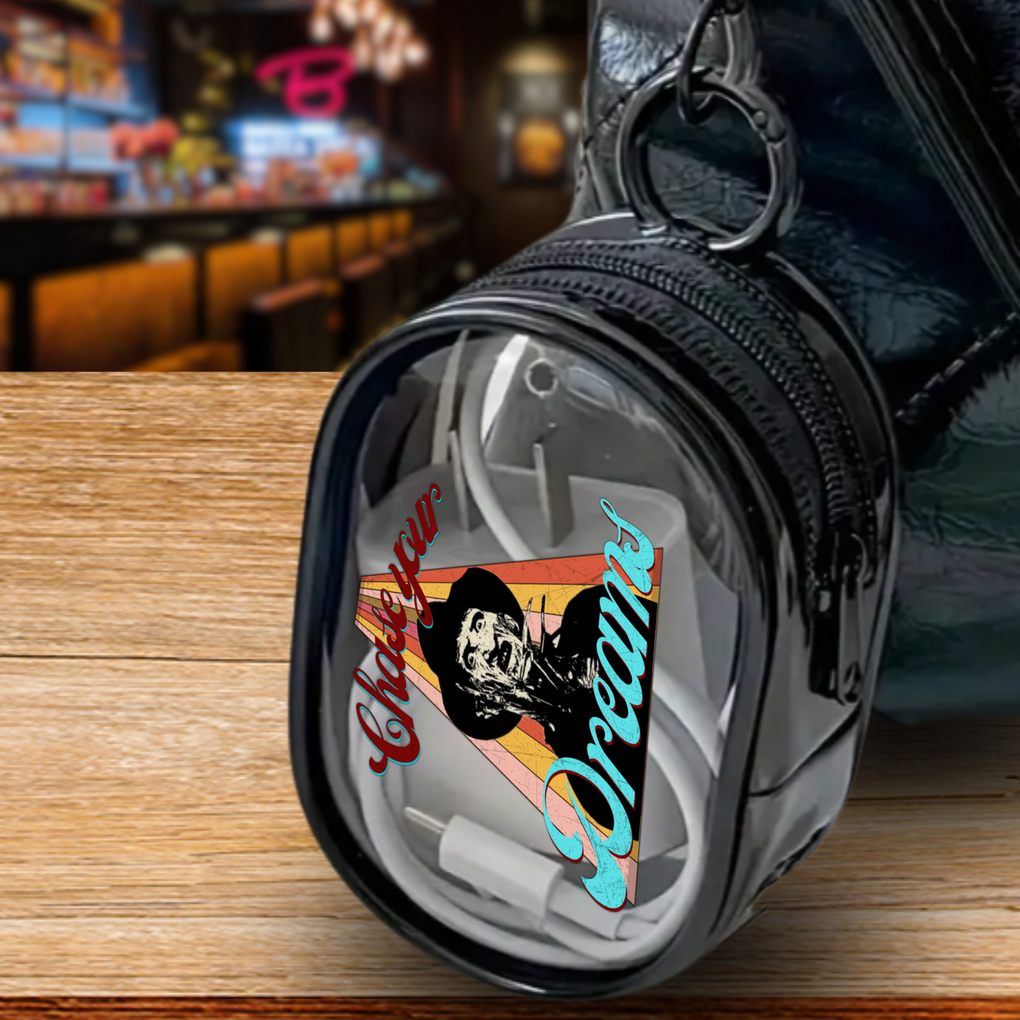 Chase your Dreams Mini Stash Case – Clear Zip Pouch with Freddy Krueger Design, Compact Storage for Small Essentials, Earbuds, Coins & More