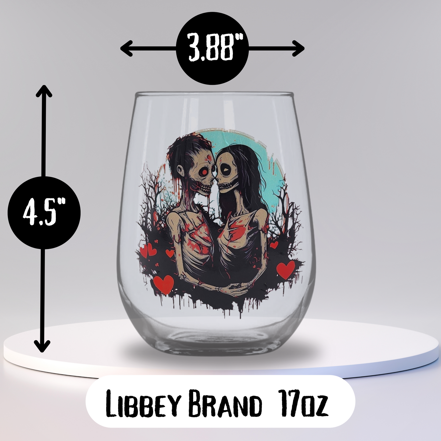 Zombie Love Stemless Wine Glass 17oz wine glass Spooky Gift for Couples zombie drinking glass set Halloween Weddings Housewarmings zombie valentine gift Gothic Home Decor punk zombie drinkware Gothic drinkware