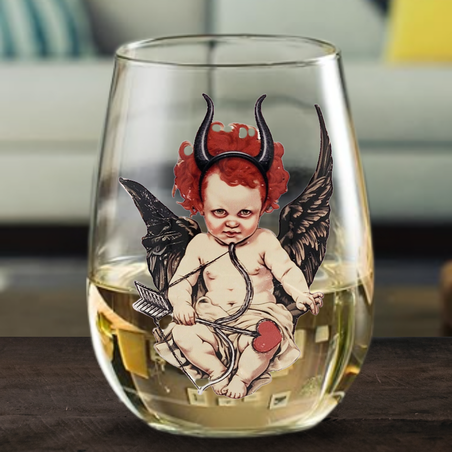 Evil Cupid Stemless Wine Glass – 17oz Libbey Glass with Dark Gothic Valentine Horror Design, Perfect for Spooky Drinkware Lovers
