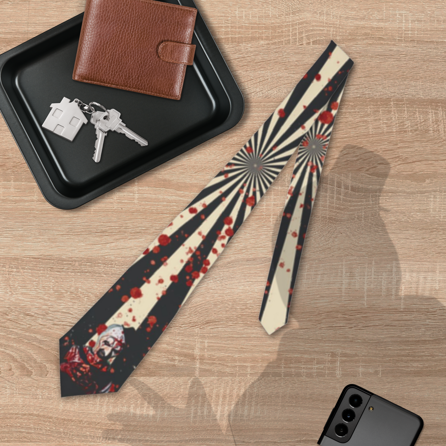 Art Splatter Neck Tie – Circus Spiral Blood Design | Creepy Slasher Costume or Spooky Office Wear | Art the Clown Tie | Horror Gift
