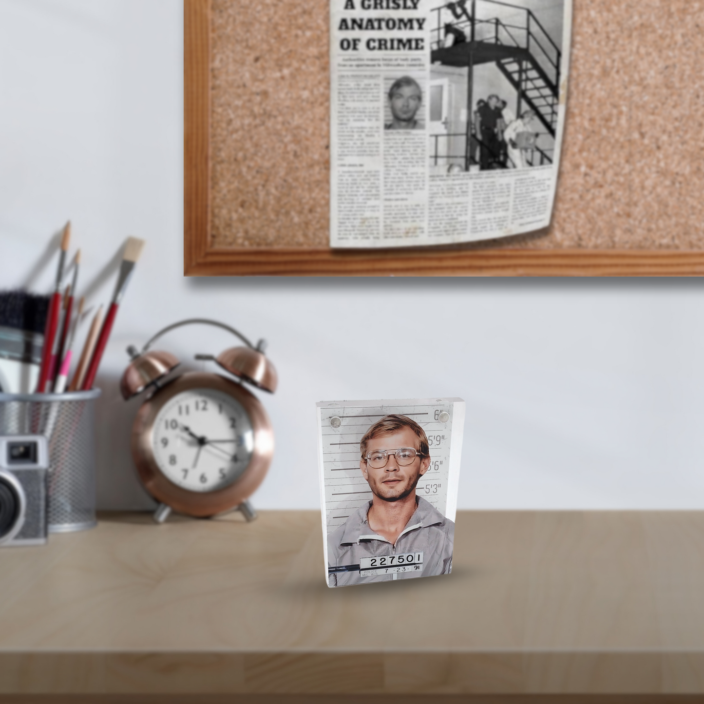 Jeffrey Dahmer Acrylic Mugshot Decor – True Crime Serial Killer Collectible, Dark Aesthetic Desk or Shelf Display for Horror & Crime Enthusiasts