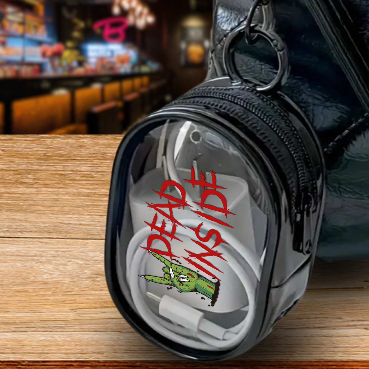 Dead Inside Mini Stash Case – Clear Zip Pouch with Macabre Zombie Design, Compact Storage for Small Essentials, Earbuds, Coins & More