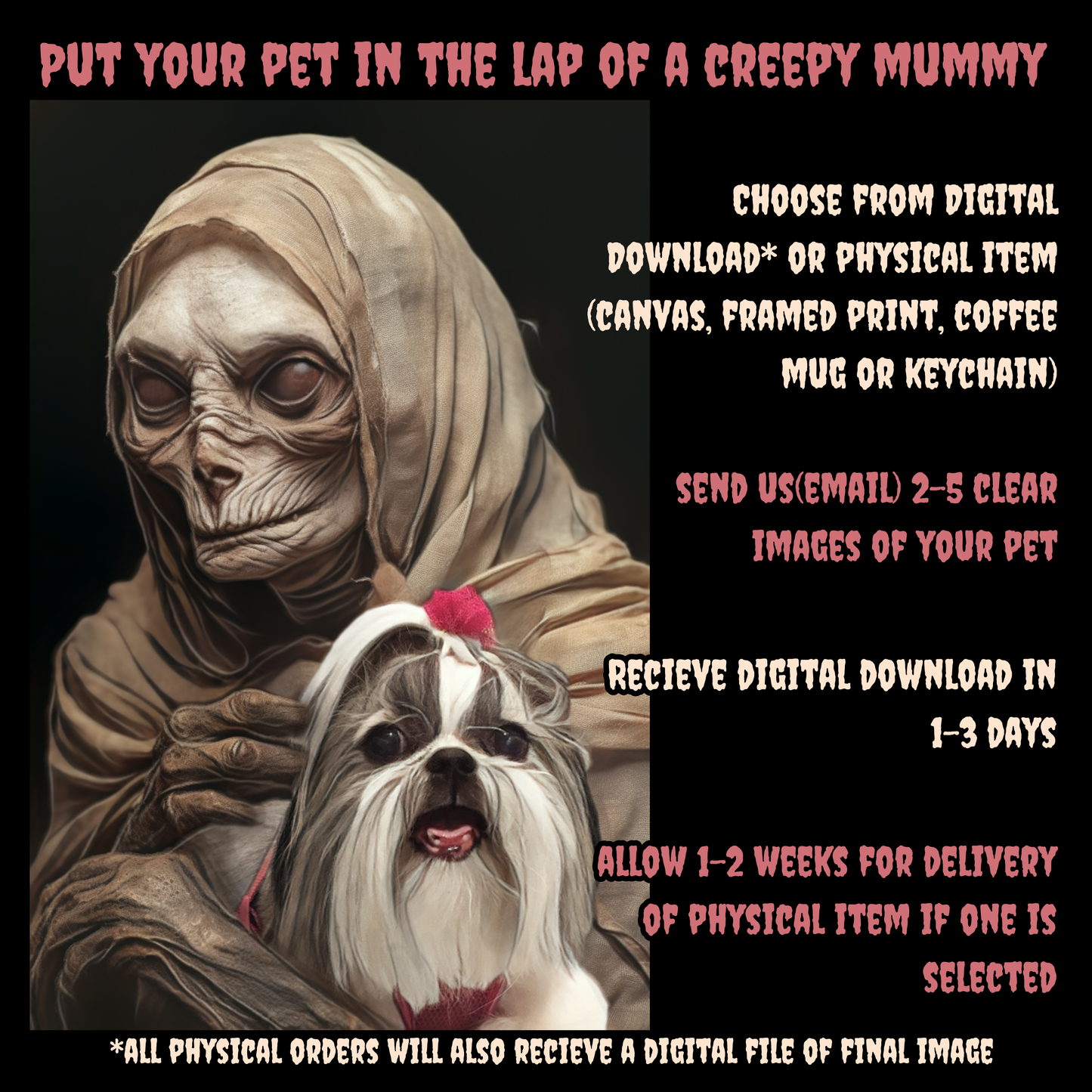 The Mummy Custom Creepy Pet Portrait Personalized Horror Pet portrait digital download creepy pet portrait gift for her