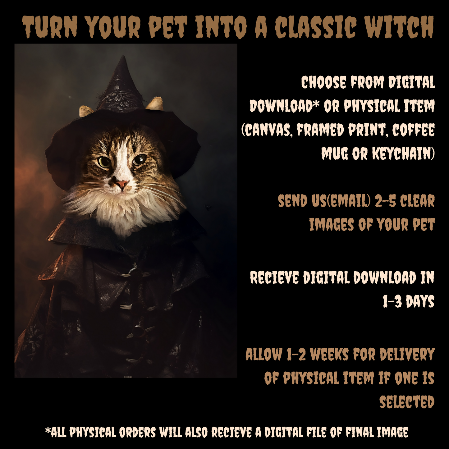 Salem Witch Custom Creepy Pet Portrait Personalized Horror Pet portrait digital download creepy witch pet portrait gift for her