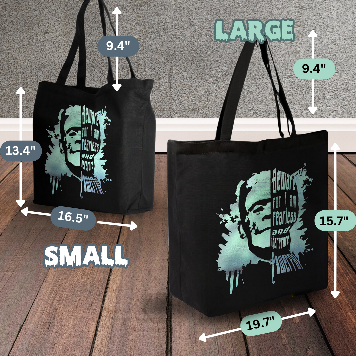 Fearless Frank Zipper Tote | Frankenstein Gothic Bag | Horror Quote Canvas Tote with Zipper