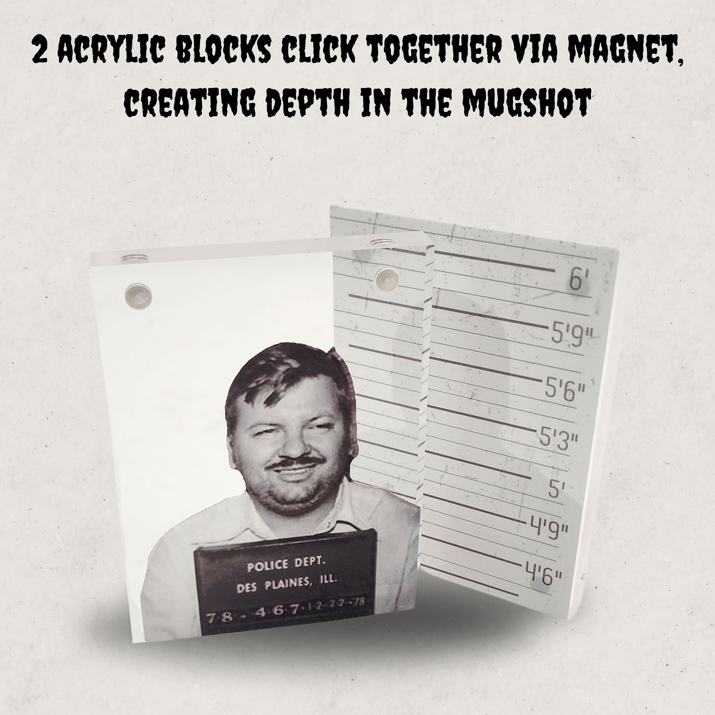 John Wayne Gacy Acrylic Mugshot Decor – True Crime Serial Killer Collectible, Dark Aesthetic Desk or Shelf Display for Horror & Crime Enthusiasts