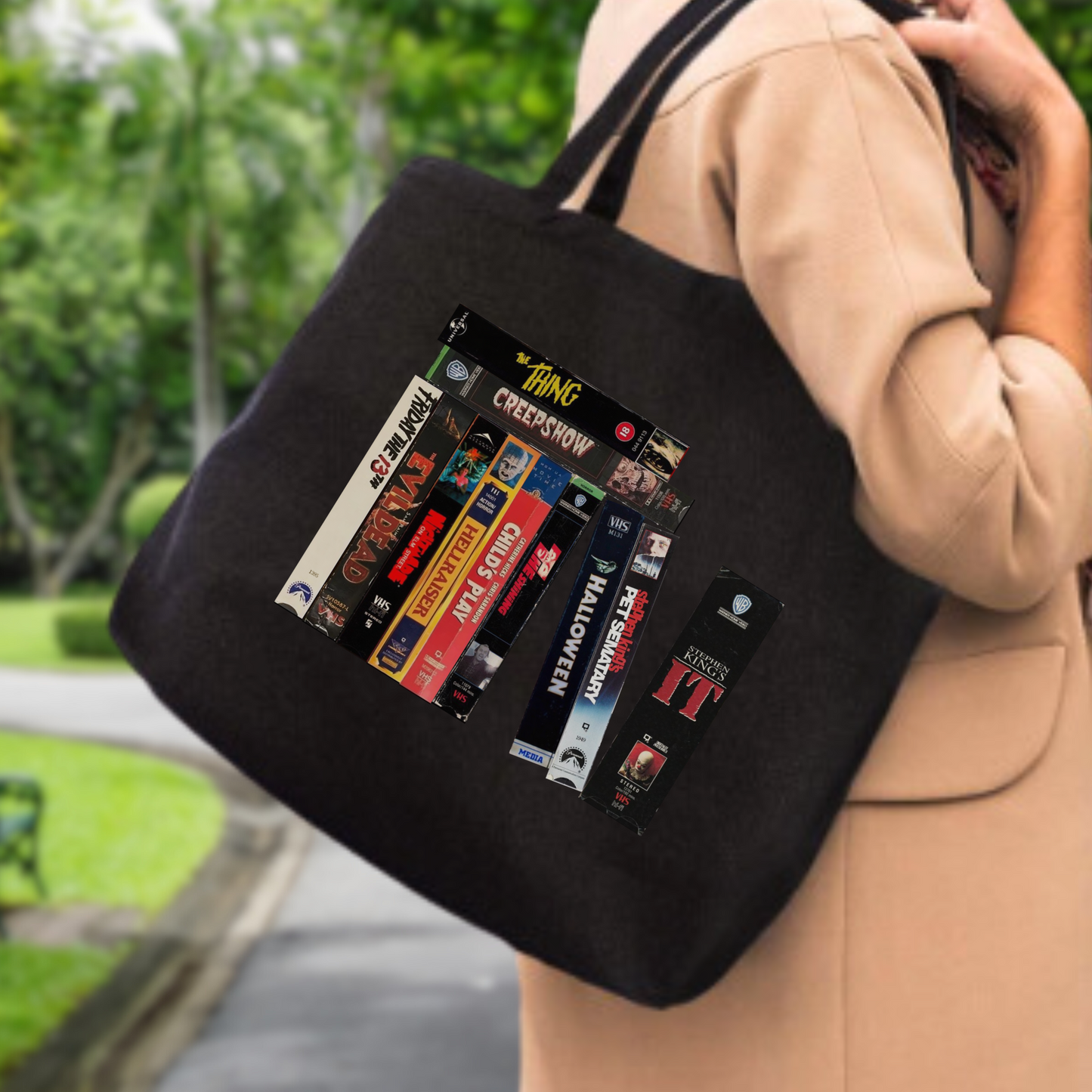 Retro Horror VHS tote bag with zipper closure, gift for horror fan, reusable shopping tote, horror movie tote bag gift for her