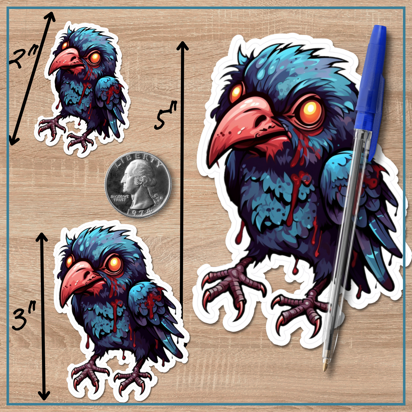 Zombie BIrdie kiss cut sticker vinyl decal animal zombie sticker party favor zombie crow sticker gift bird zombie cute zombie crow sticker horror vinyl sticker