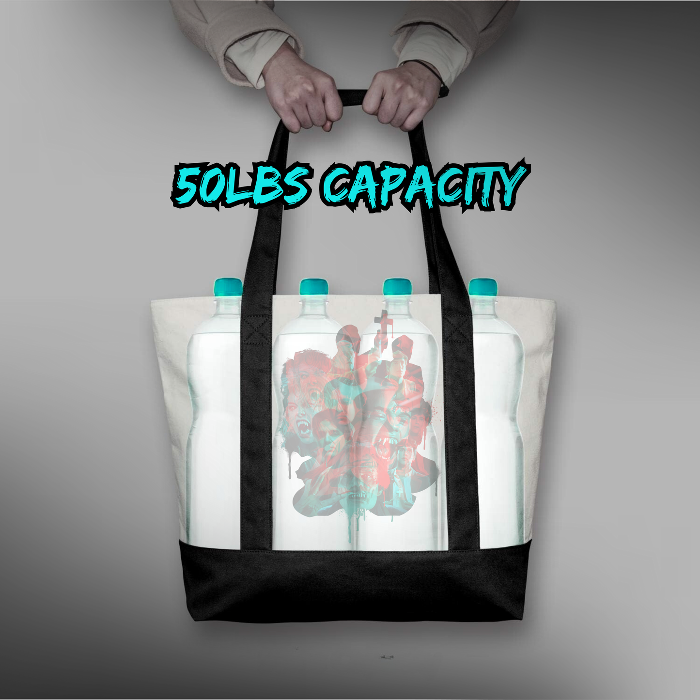 Welcome to Fright Night Canvas Tote Bag with Pocket – Horror Convention Carryall, Glitch Effect Design, Durable Zippered Tote