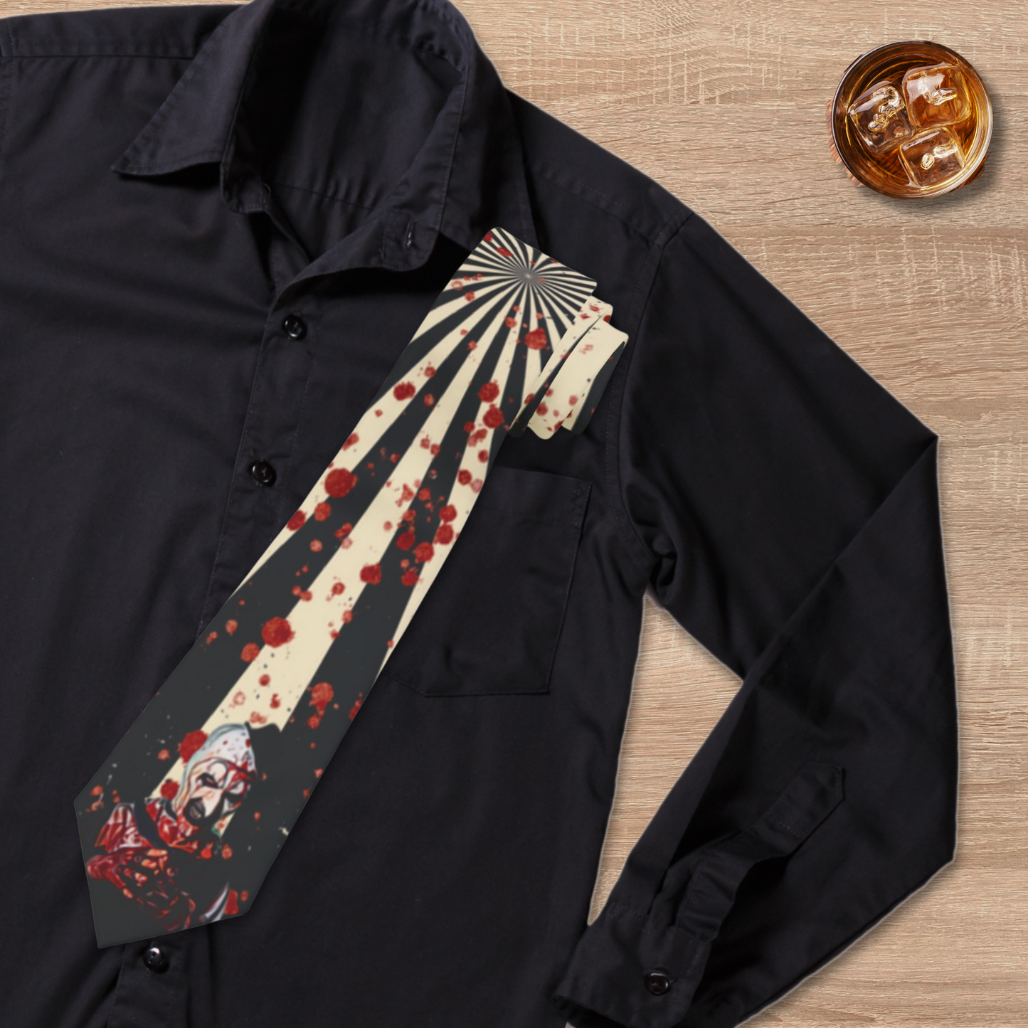 Art Splatter Neck Tie – Circus Spiral Blood Design | Creepy Slasher Costume or Spooky Office Wear | Art the Clown Tie | Horror Gift