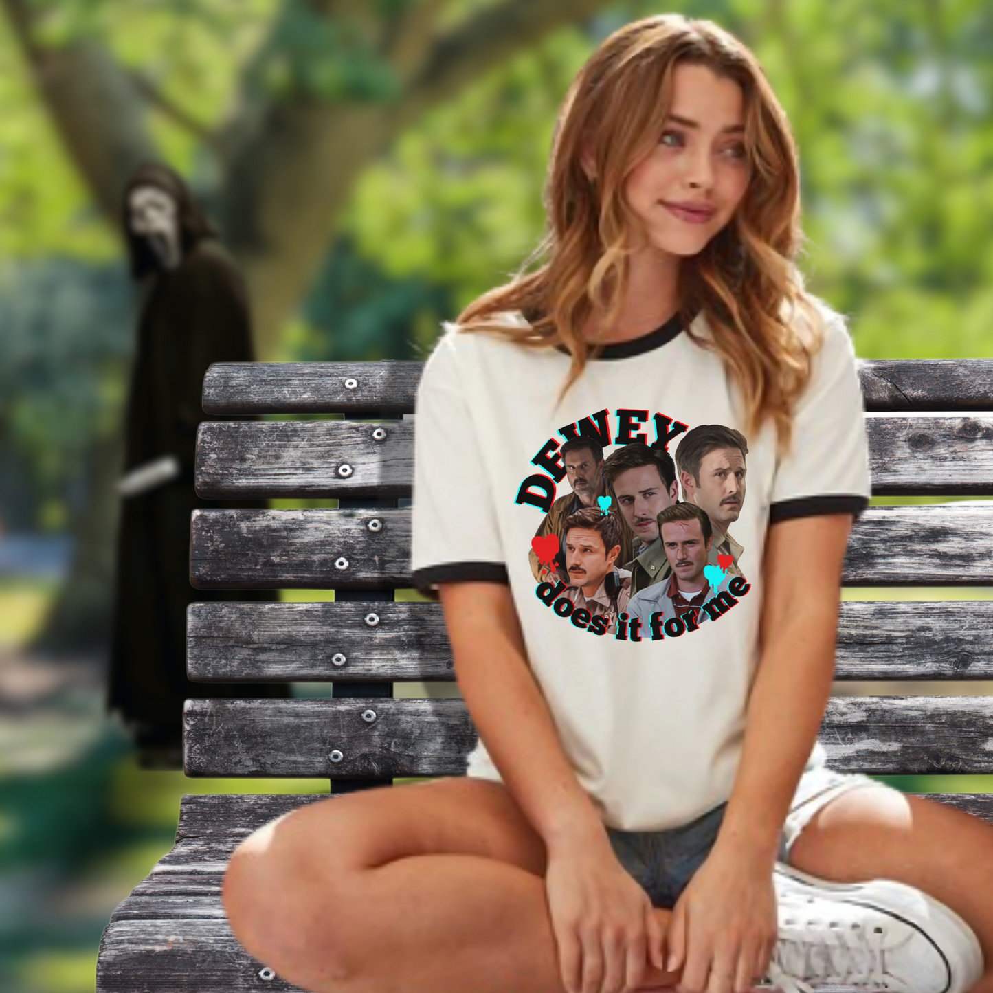 Dewey Does It for Me Ringer Tee – David Arquette Scream Tribute Shirt – Horror Convention Tee – Unisex Off-White Cotton Tee