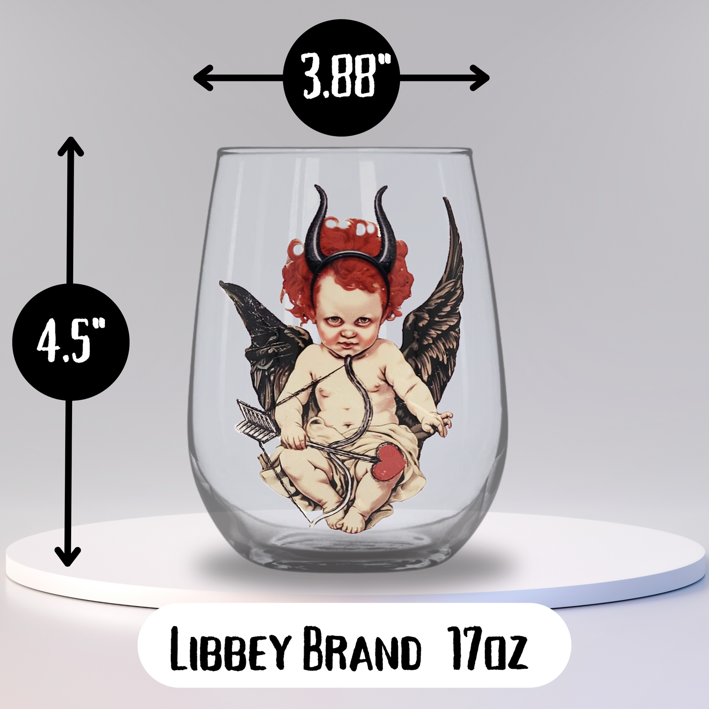 Evil Cupid Stemless Wine Glass – 17oz Libbey Glass with Dark Gothic Valentine Horror Design, Perfect for Spooky Drinkware Lovers