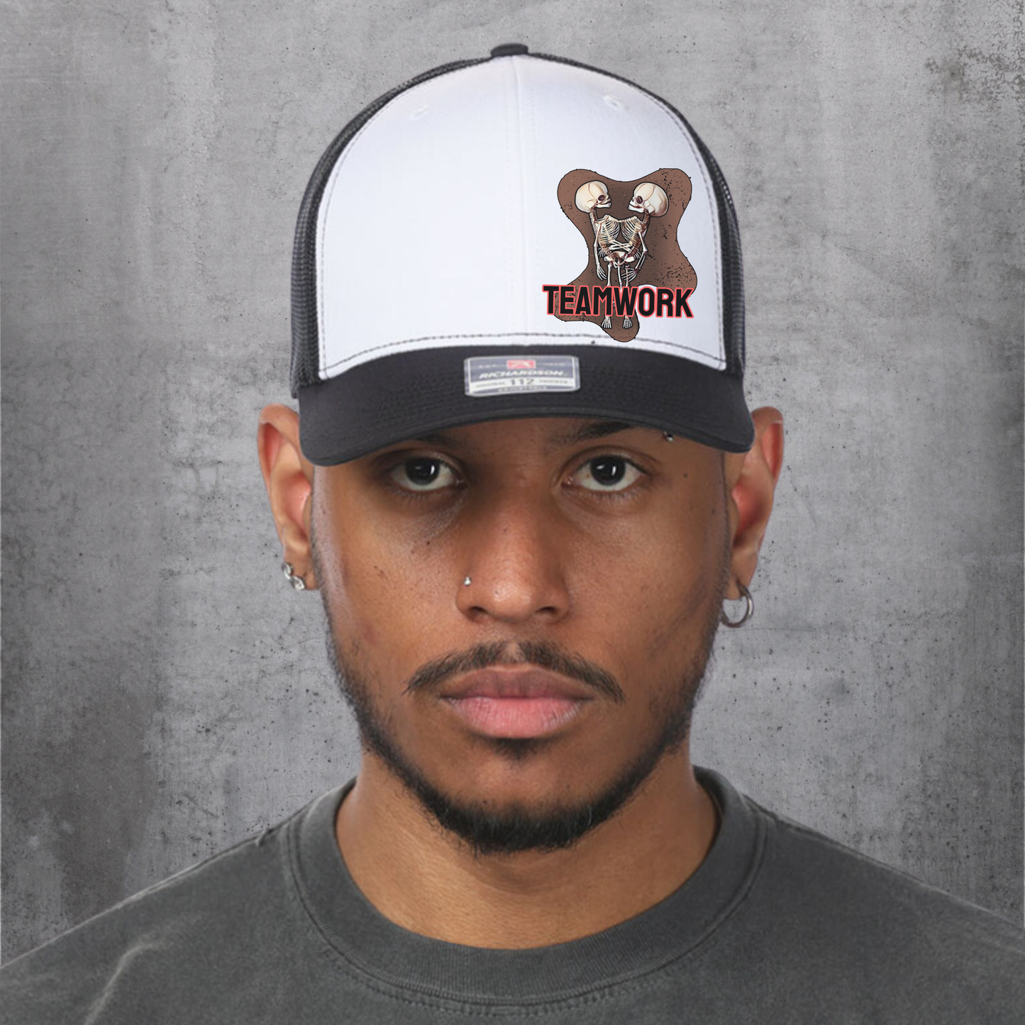 Teamwork Trucker hat horror snapback hat for her punk ballcap for him horror fan gift skeleton macabre trucker hat