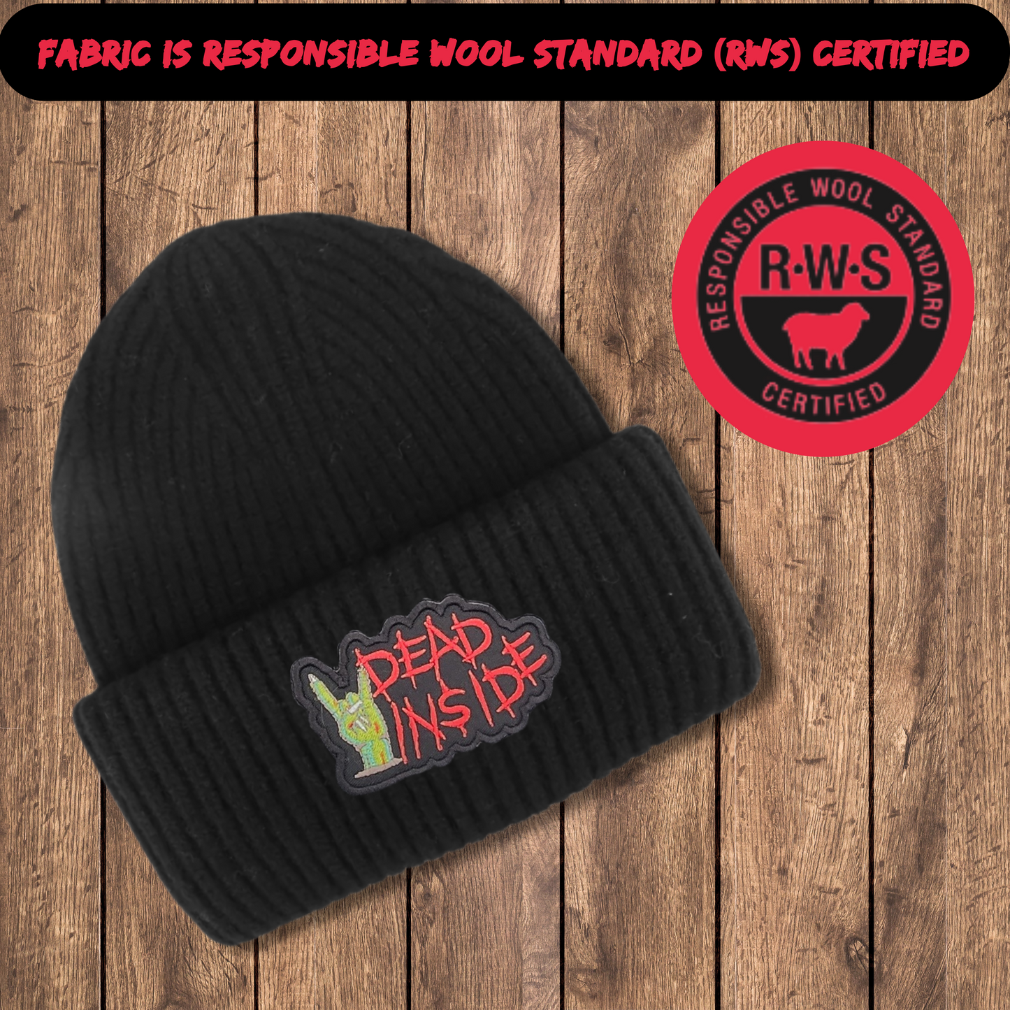 Dead Inside Merino Wool Beanie – Horror Embroidered Patch Hat, merino wool hat, Warm & Soft Skull Cap for Cold Weather, Goth Streetwear