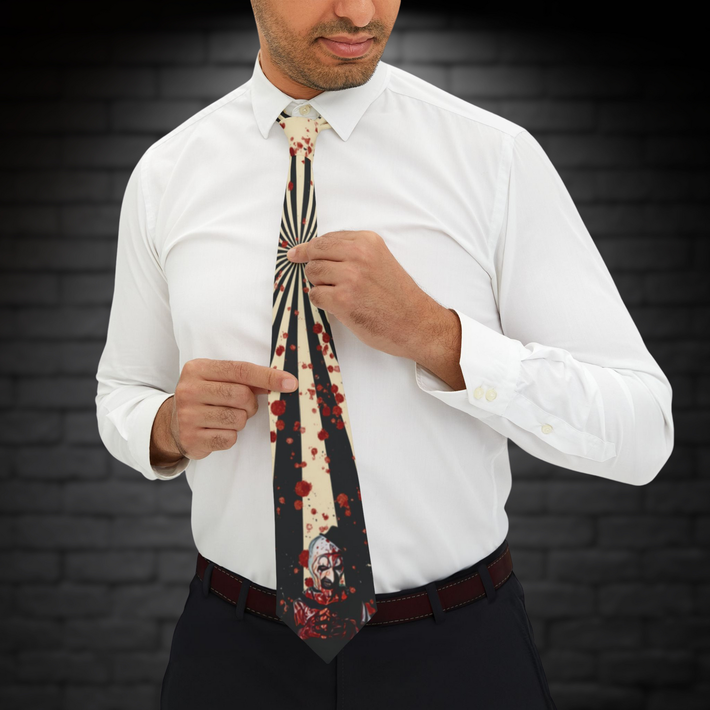 Art Splatter Neck Tie – Circus Spiral Blood Design | Creepy Slasher Costume or Spooky Office Wear | Art the Clown Tie | Horror Gift