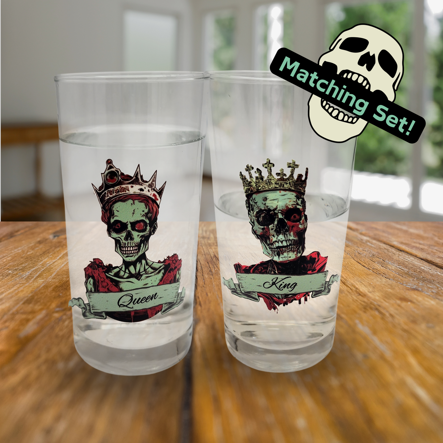 Zombie King & Queen Glass Set | Horror Drinkware | Gothic Couple Tumblers for Undead Lovers