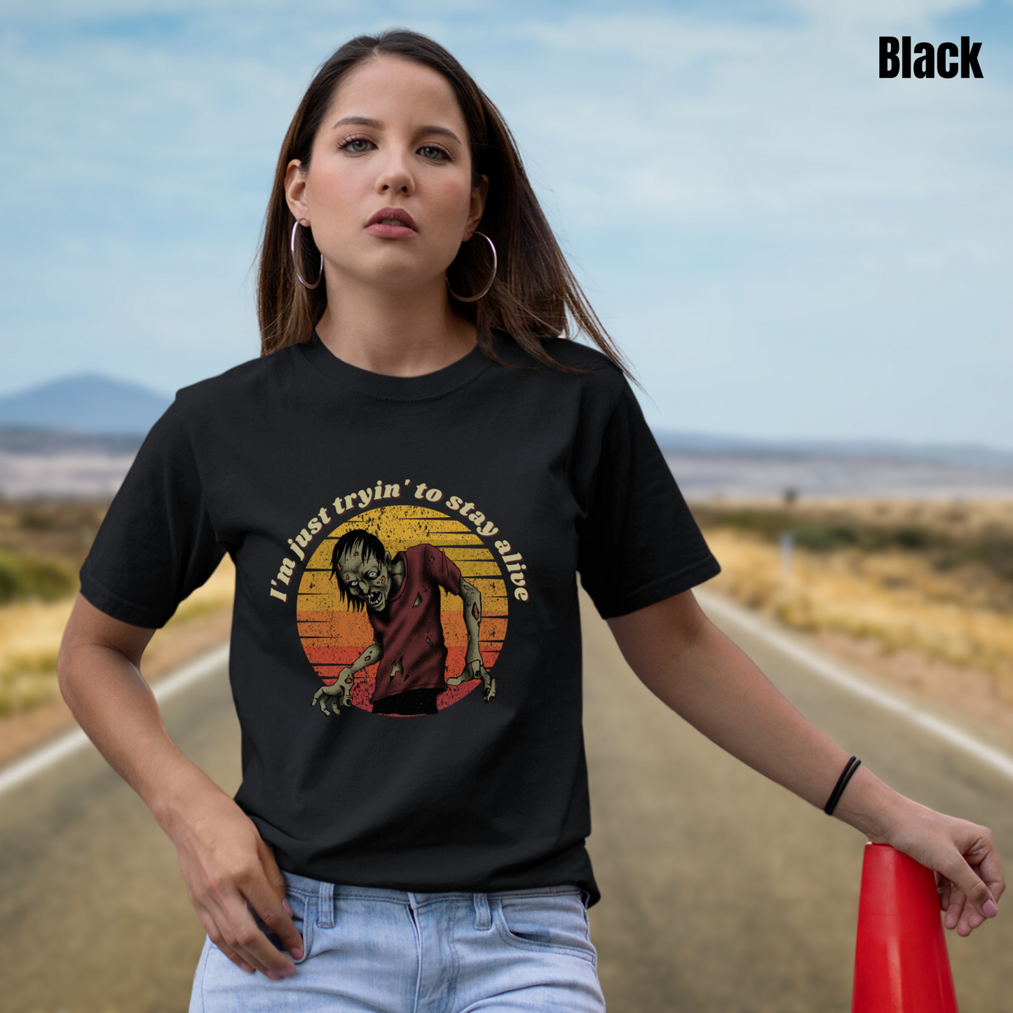 Tryin to Stay Alive tee unisex zombie horror tshirt for her funny zombie tee gift undead punk tee for him zombie graphic tee gift