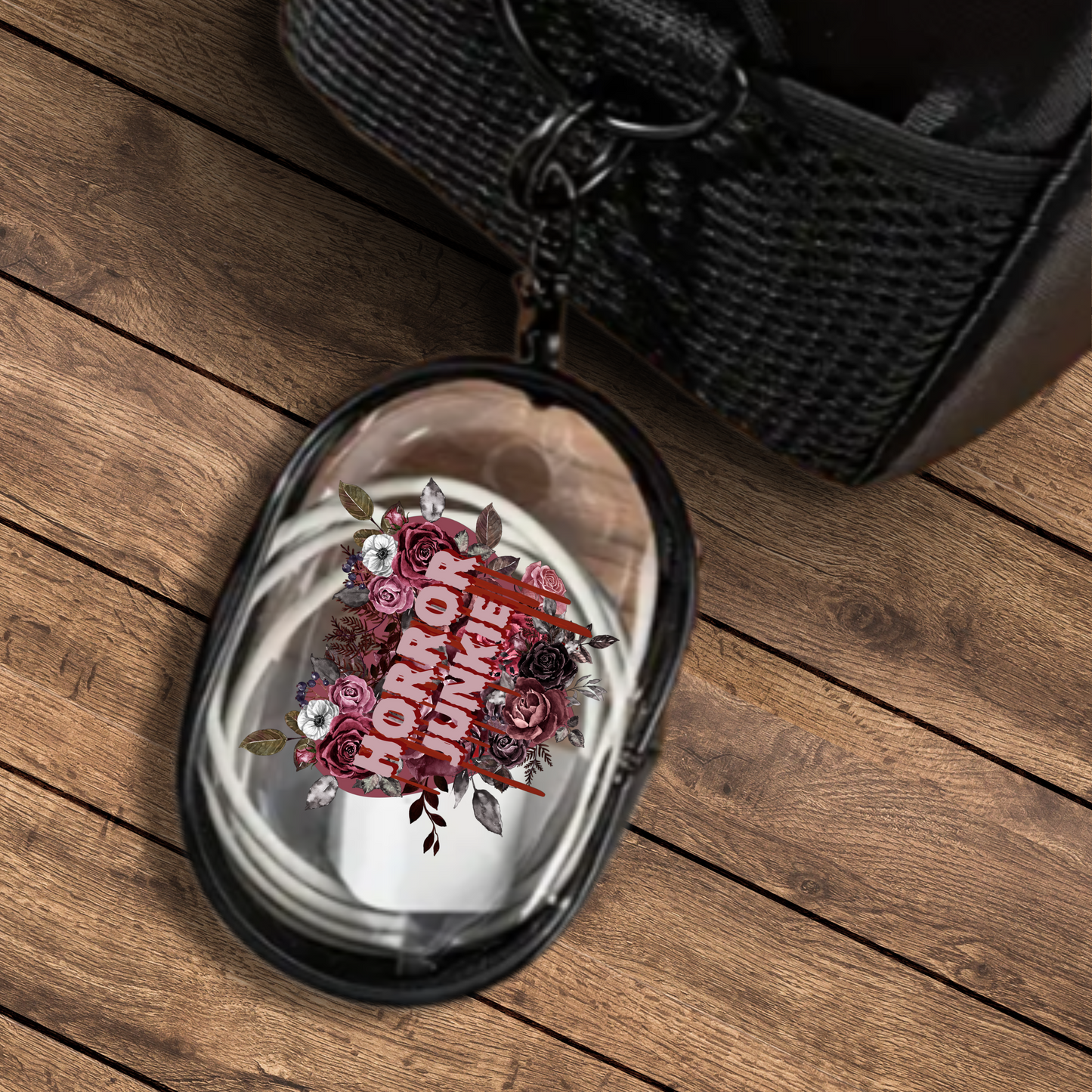 Horror Junkie Mini Stash Case – Clear Zip Pouch with Bloody Floral Design, Compact Storage for Small Essentials, Earbuds, Coins & More