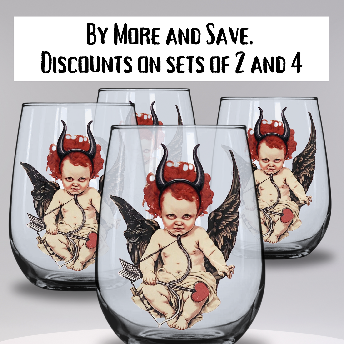 Evil Cupid Stemless Wine Glass – 17oz Libbey Glass with Dark Gothic Valentine Horror Design, Perfect for Spooky Drinkware Lovers