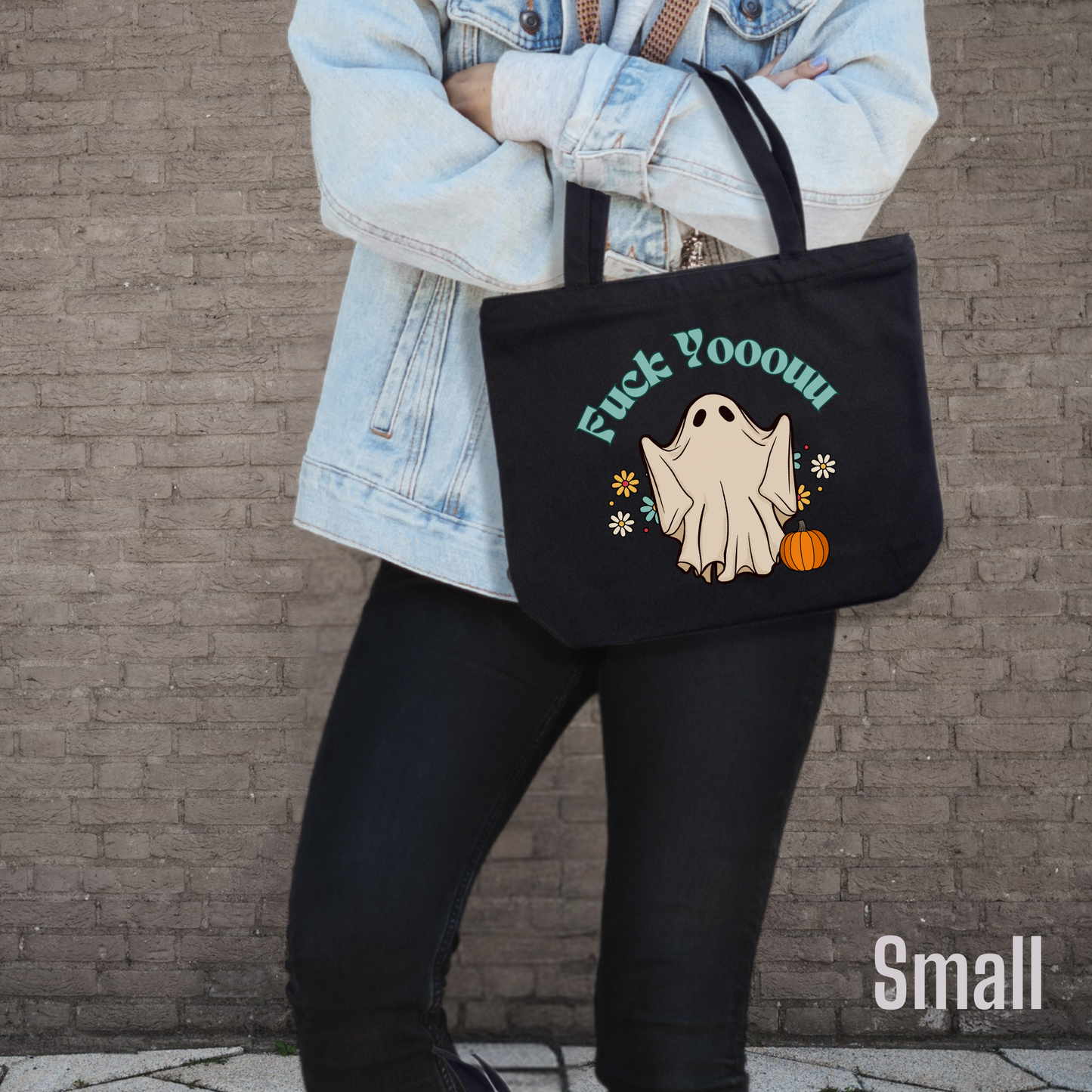 F You Ghost tote bag with zipper closure, halloween tote bag, retro ghost tote bag, gift for horror fan, reusable shopping tote, horror movie tote bag gift for her