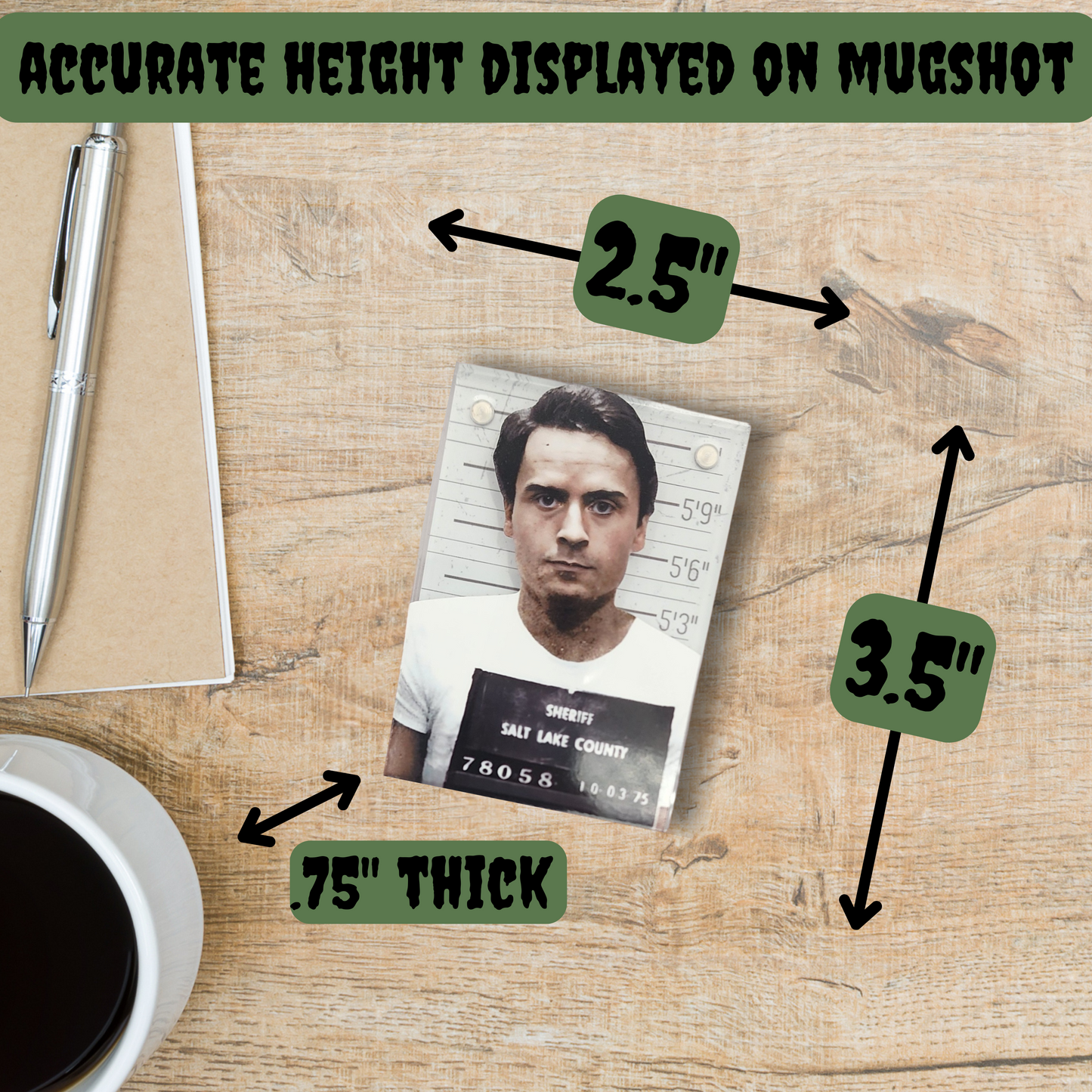 Ted Bundy Acrylic Mugshot Decor – True Crime Serial Killer Collectible, Dark Aesthetic Desk or Shelf Display for Horror & Crime Enthusiasts