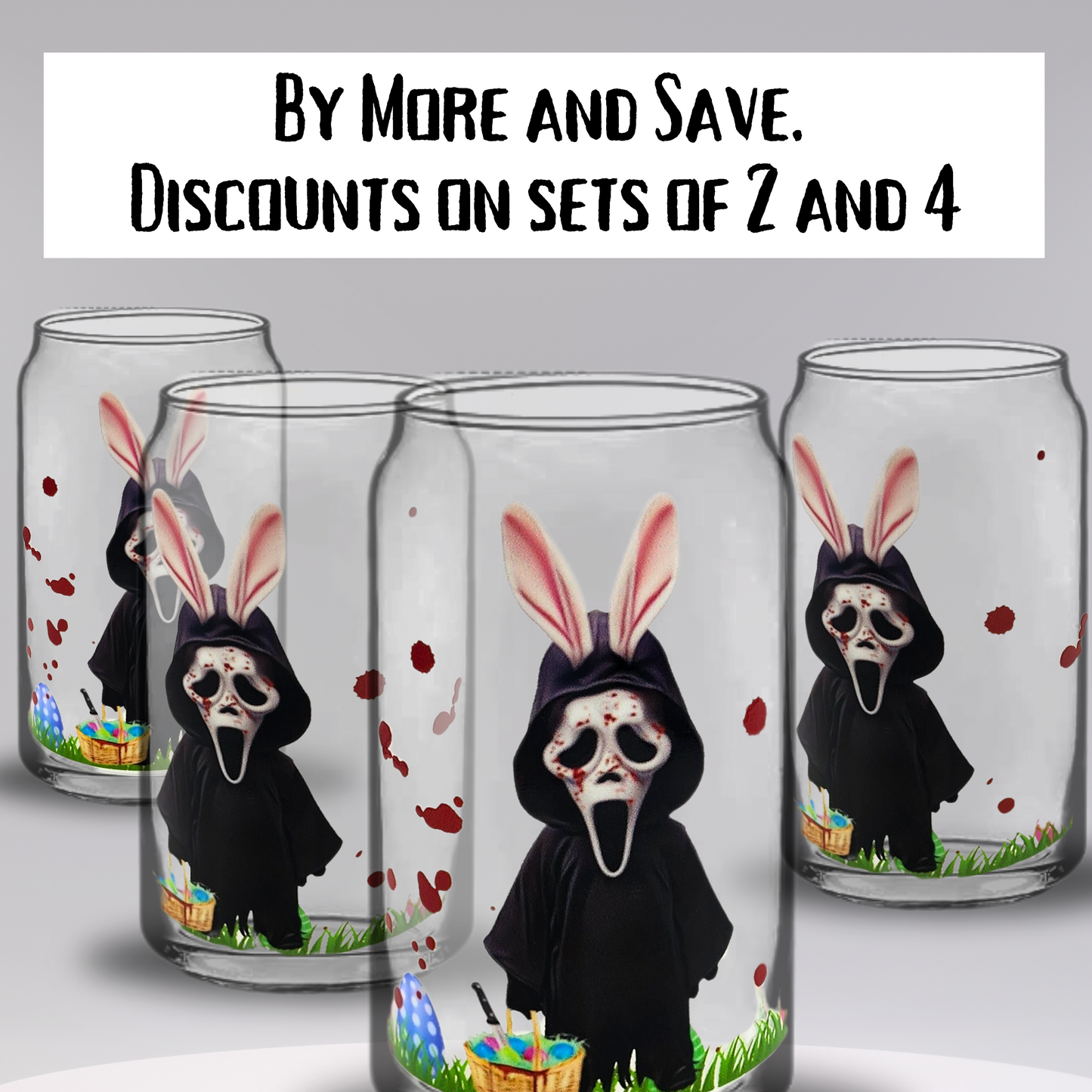 SCREAMster Bunny Glass Can – 16oz Libbey Horror Easter Cup, Ghostface-Inspired Killer Bunny Design, Spooky Spring Drinkware